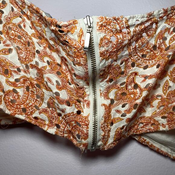 Bardot Large Orange White Paisley Eyelet Crop Long Sleeve Blouse Women's size 10 - Picture 7 of 9